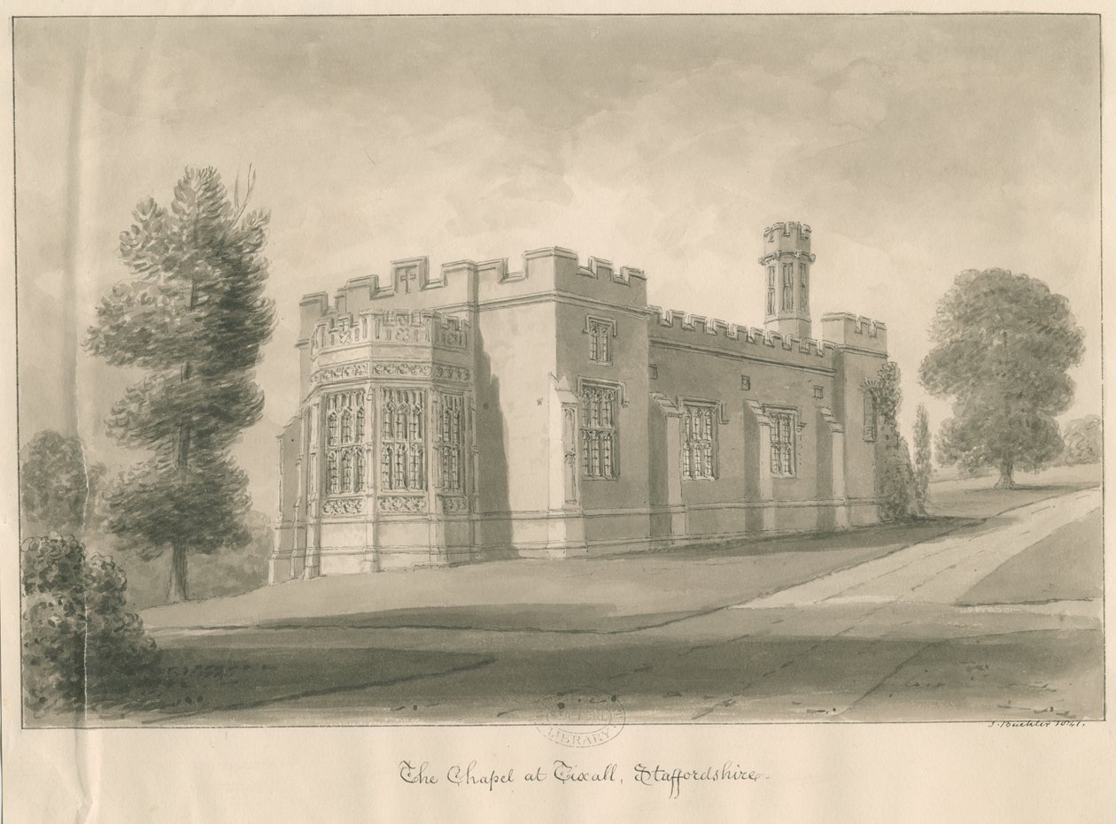 Tixall - Kaplica w Tixall Hall: rysunek rozmyty w sepii autorstwa John Buckler