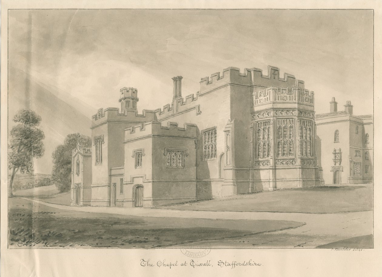 Tixall - Kaplica w Tixall Hall: rysunek rozmyty w sepii, 1841 autorstwa John Buckler