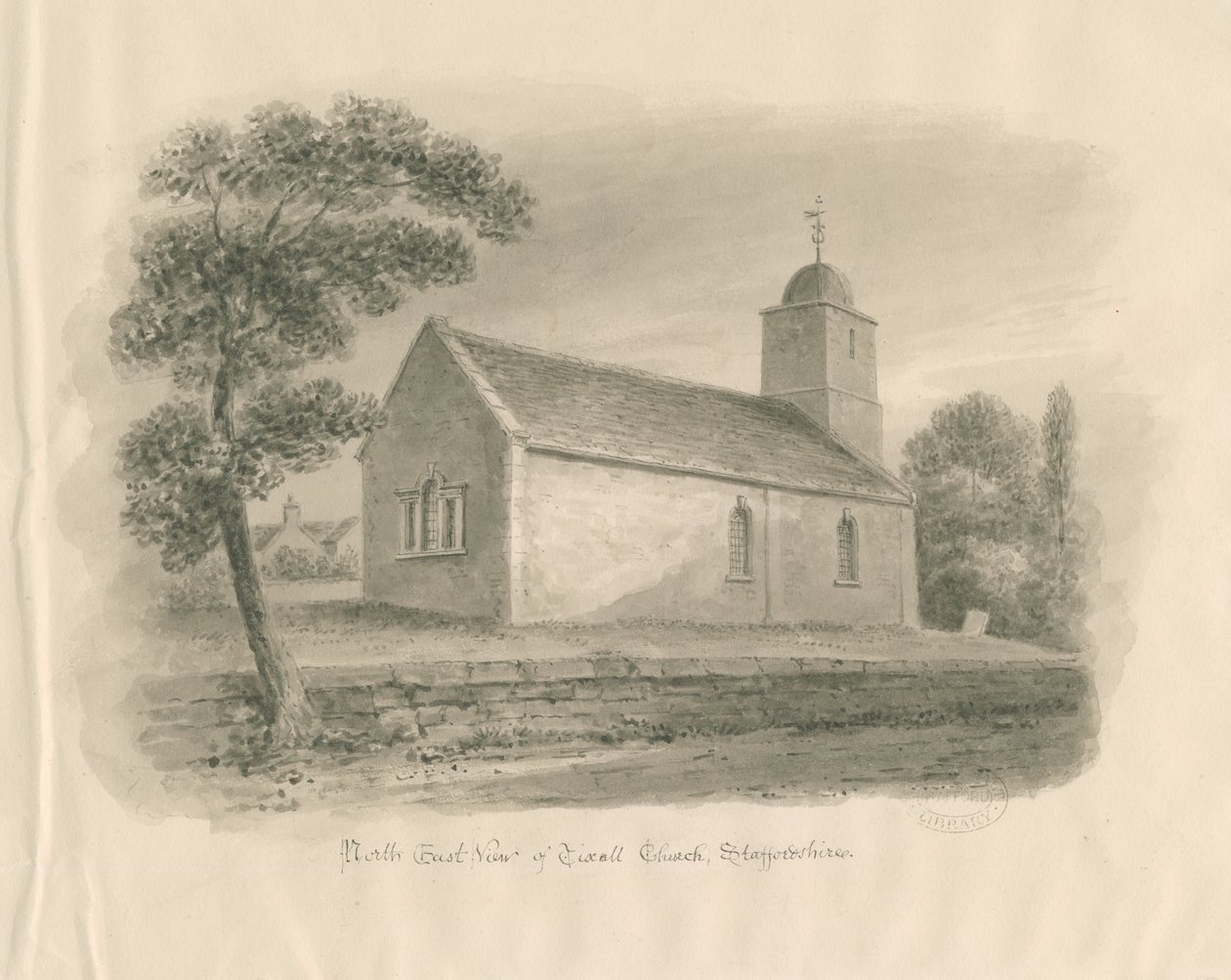 Tixall Church: rysunek w odcieniu sepii, nd [?1841] autorstwa John Buckler