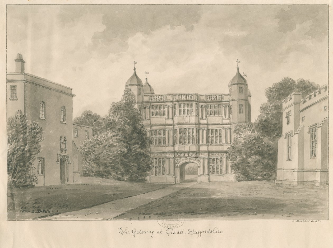 Tixall Hall i Gatehouse: rysunek w sepii, 1841 autorstwa John Buckler