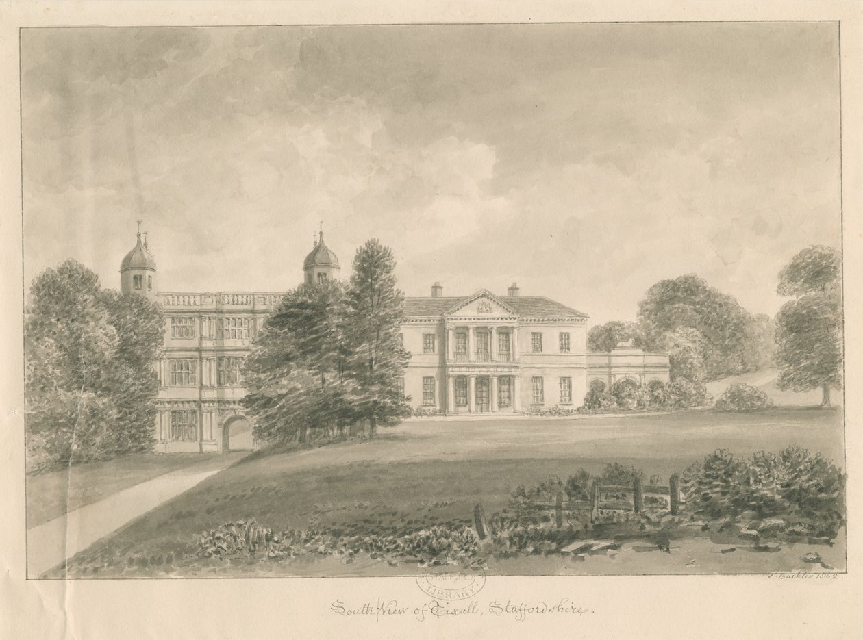 Tixall Hall i Gatehouse: rysunek rozmyty w sepii, 1842 autorstwa John Buckler