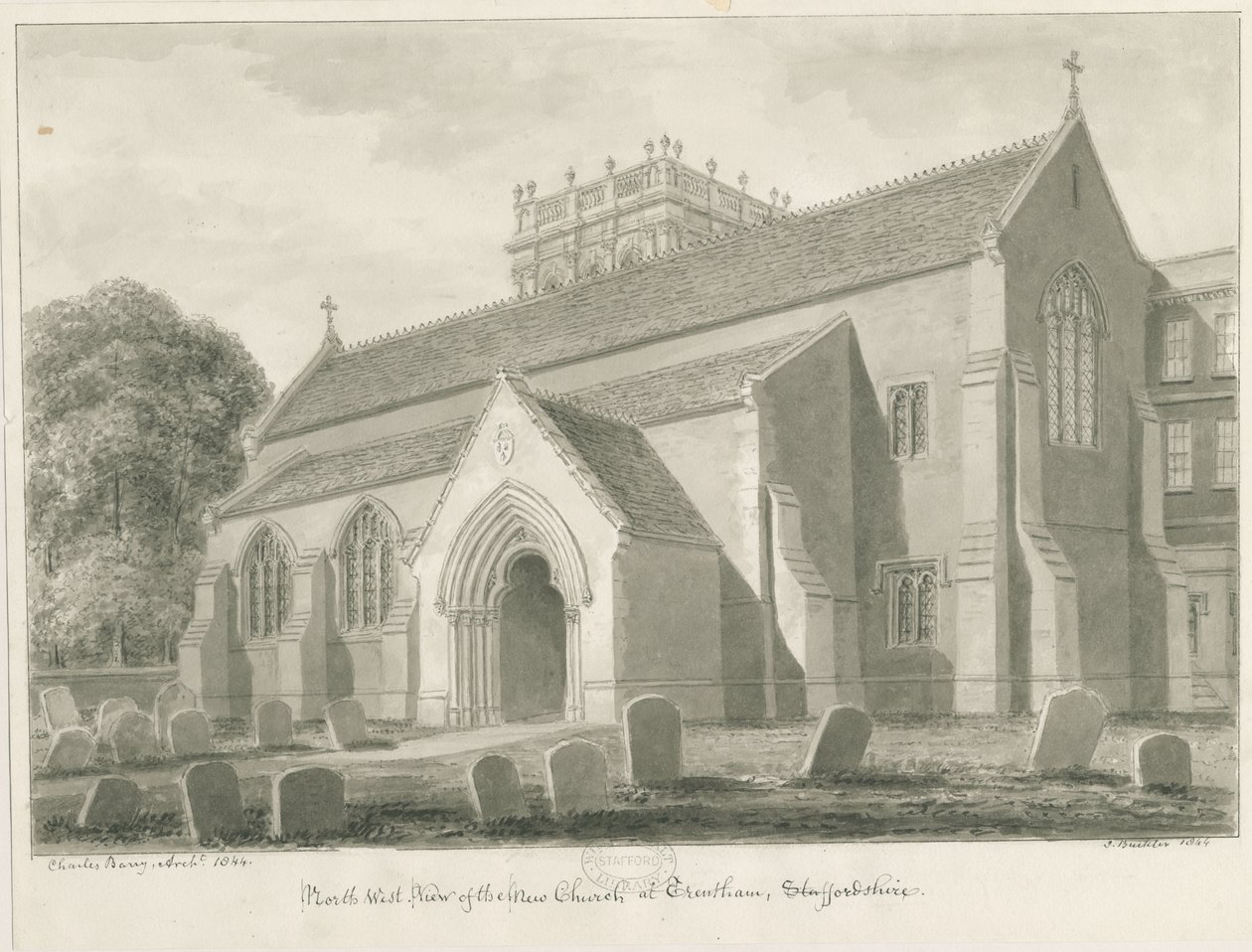 Trentham - New Church: rysunek w sepii, 1844 autorstwa John Buckler
