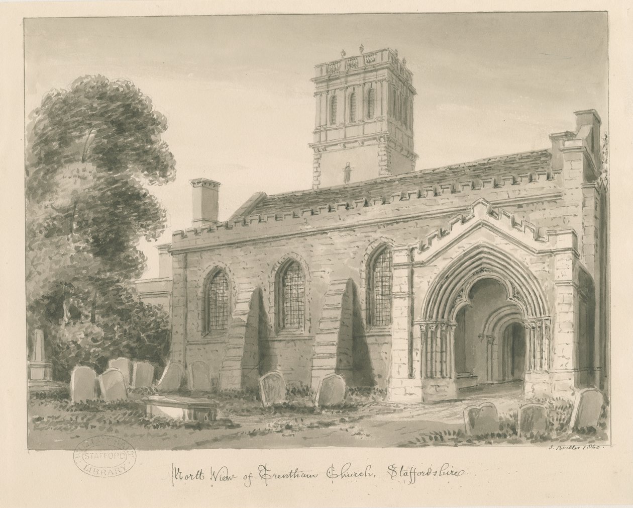 Kościół Trentham: rysunek w odcieniu sepii, 1840 autorstwa John Buckler