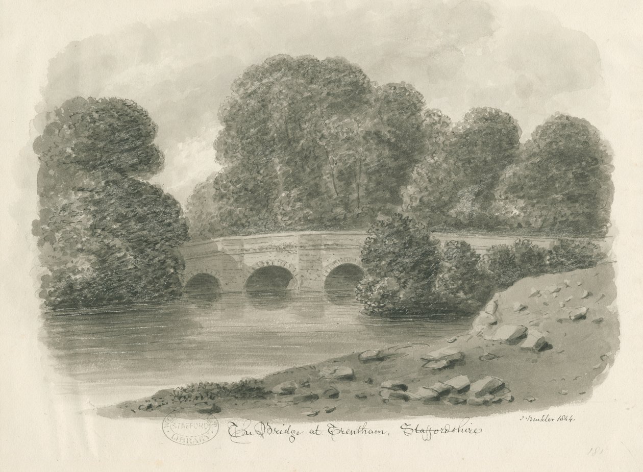 Trentham Hall - Most: rysunek w odcieniu sepii, 1844 autorstwa John Buckler