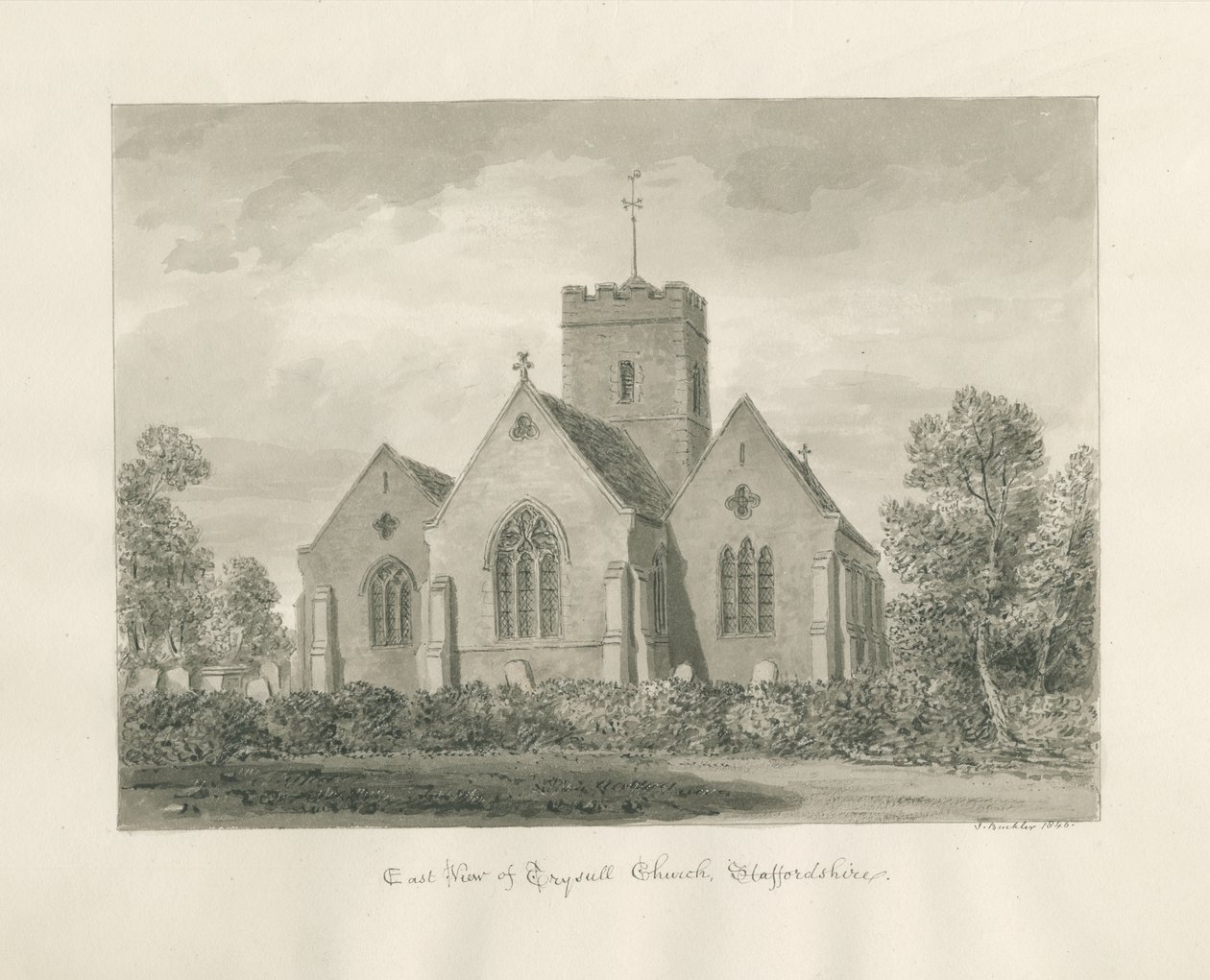 Kościół Trysull: rysunek w odcieniu sepii, 1846 autorstwa John Buckler