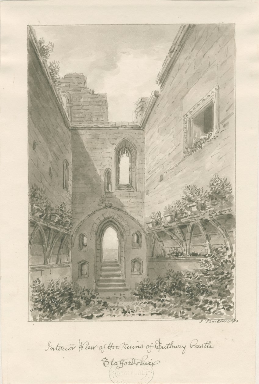 Zamek Tutbury - Wnętrze ruin: rysunek w kolorze sepii autorstwa John Buckler