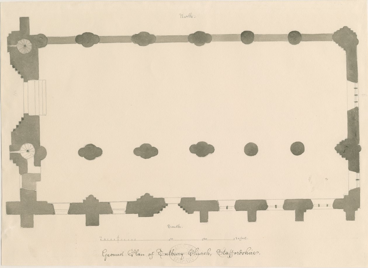 Tutbury Priory Church - Plan: rysunek ołówkiem i sepią, nd [?1812] (rysunek) autorstwa John Buckler