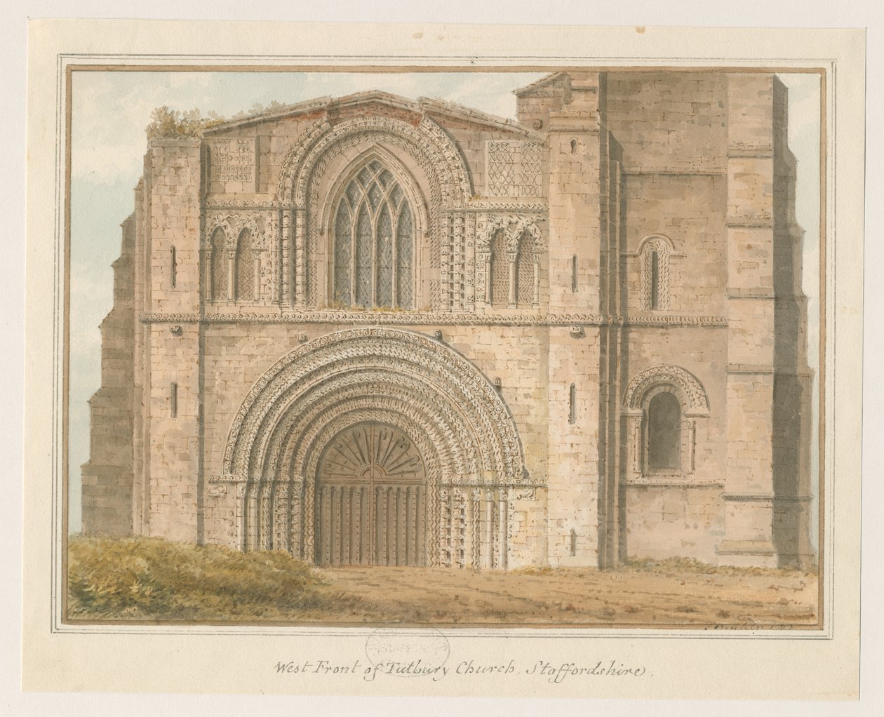 Tutbury Priory Church – front zachodni: obraz akwarelowy, 1813 autorstwa John Buckler