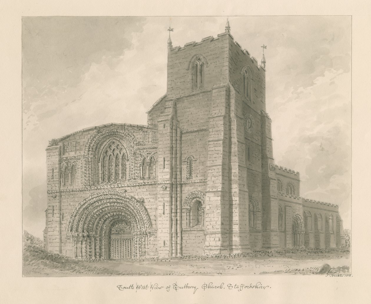 Tutbury Priory Church: rysunek w sepii autorstwa John Buckler
