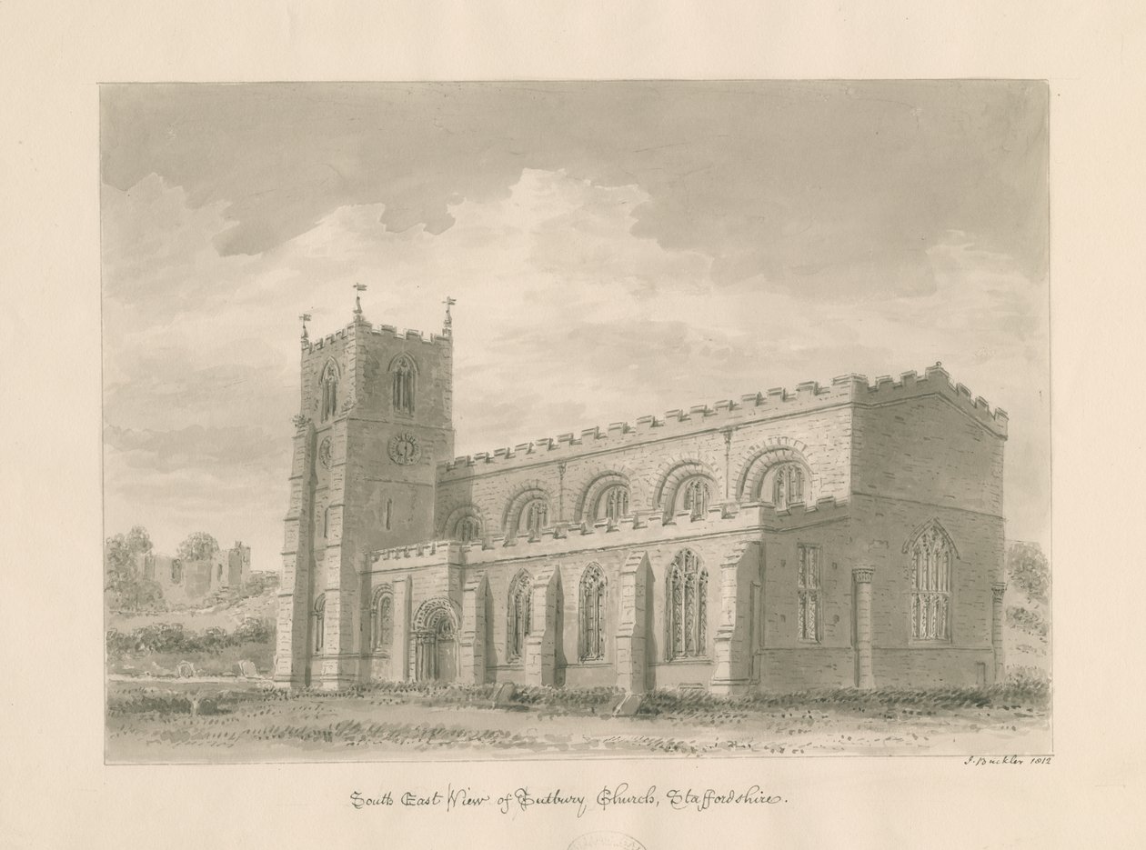 Tutbury Priory Church: rysunek w sepii, 1812 autorstwa John Buckler