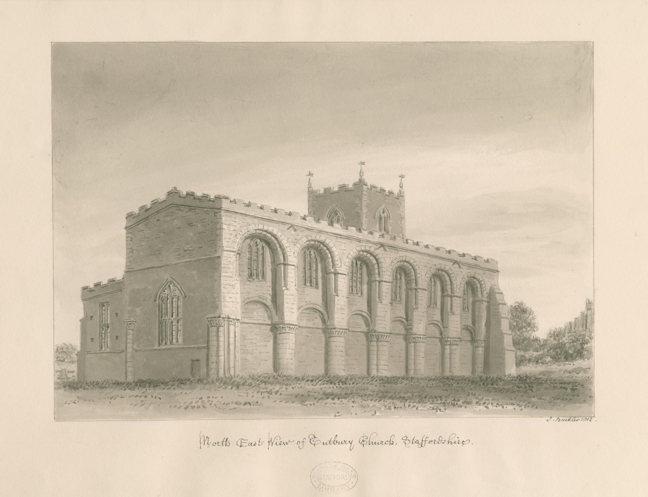 Tutbury Priory Church: rysunek w sepii, 1812 autorstwa John Buckler