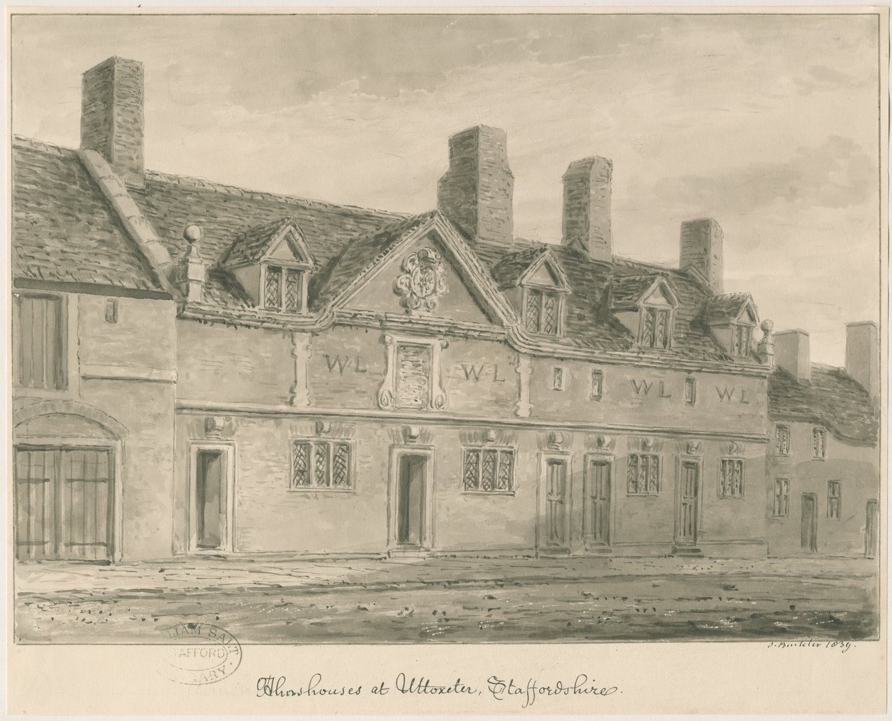 Miasteczko Uttoxeter - Przytułki: rysunek rozmyty w sepii, 1839 autorstwa John Buckler