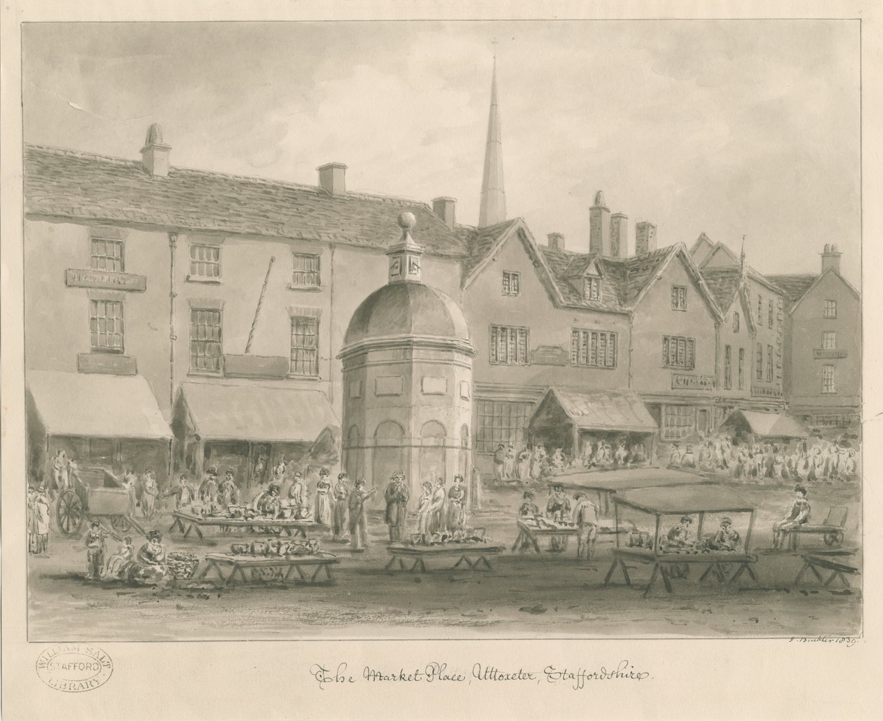 Uttoxeter Town - Rynek: rysunek w sepii autorstwa John Buckler