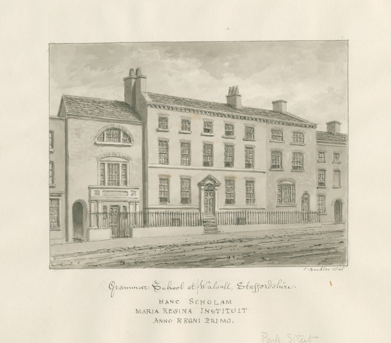 Walsall Town - Gimnazjum: rysunek w odcieniu sepii, 1845 autorstwa John Buckler