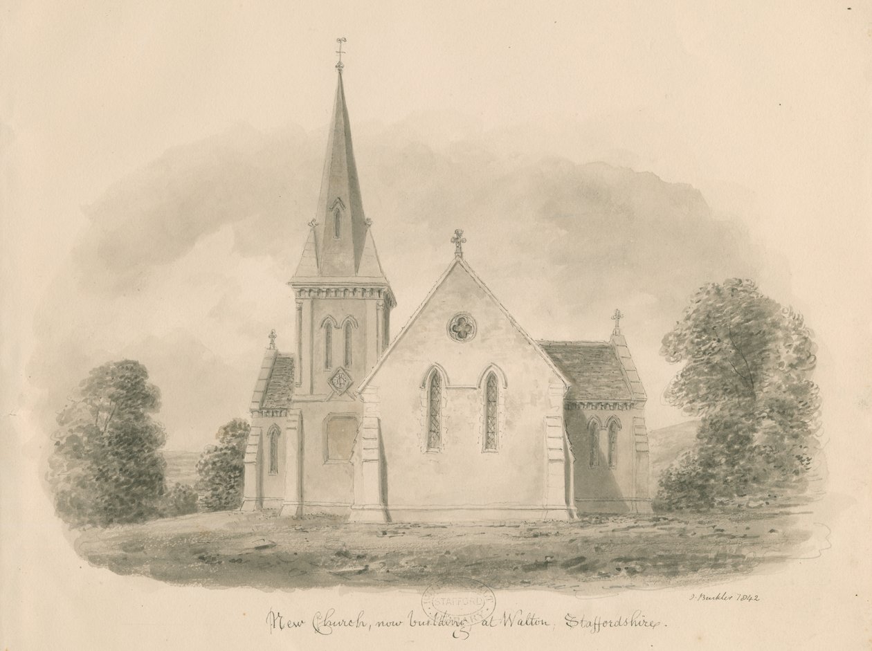 Kościół Walton-on-the-Hill: rysunek w sepii, 1842 autorstwa John Buckler
