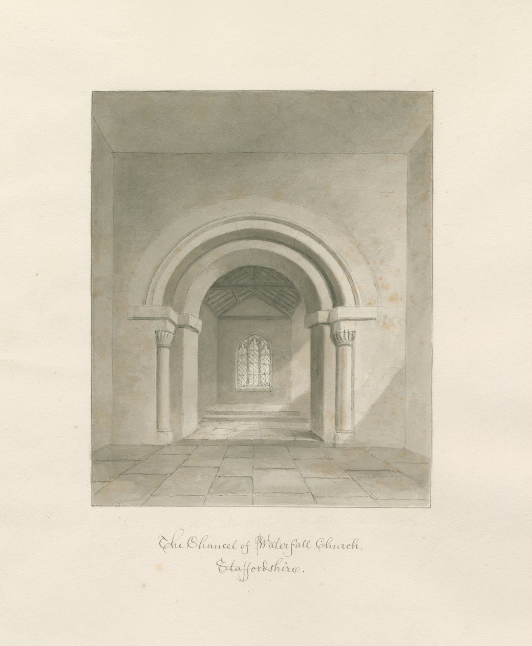 Kościół Wodospadowy - Wnętrze Prezbiterium: rysunek w sepii, 1847 autorstwa John Buckler