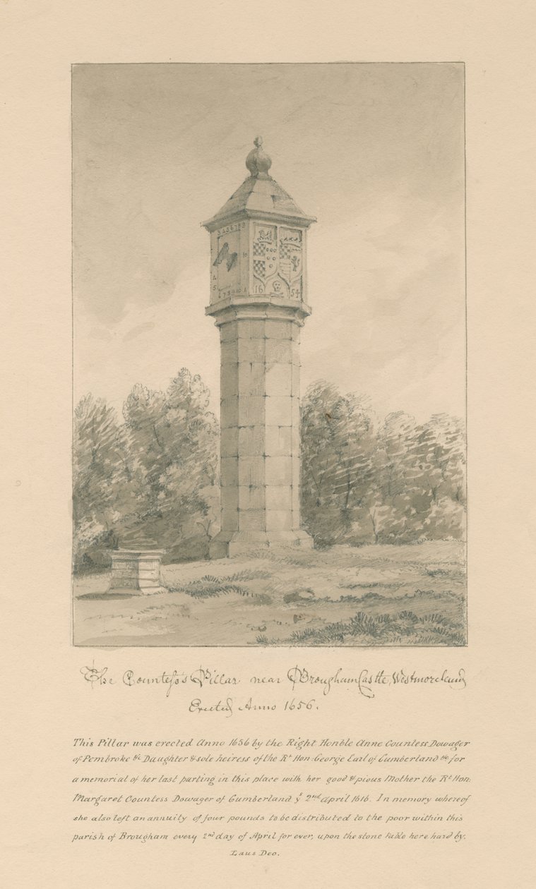 Westmorland - Zamek Brougham - Filar hrabiny: rysunek w sepii, 1800 autorstwa John Buckler
