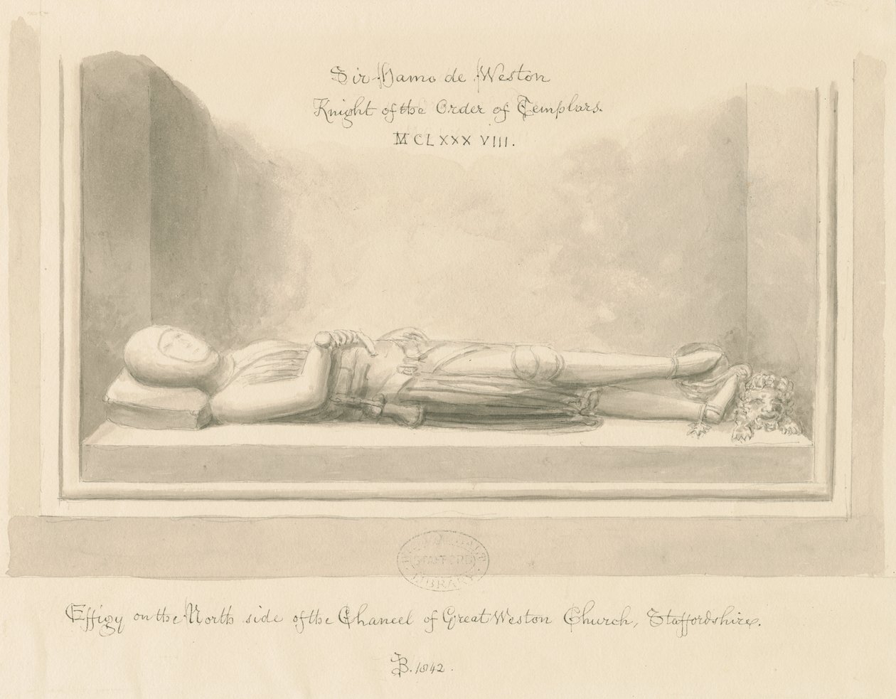 Weston-under-Lizard Church - Wizerunek Sir Hamo de Westona: rysunek rozmyty w sepii, 1842 autorstwa John Buckler