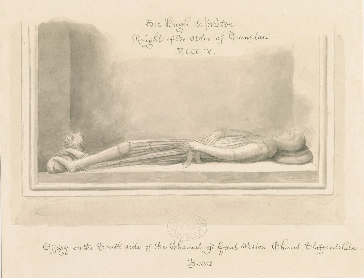 Weston-under-Lizard Church - Wizerunek Sir Hugh de Westona: rysunek w sepii, 1842 autorstwa John Buckler