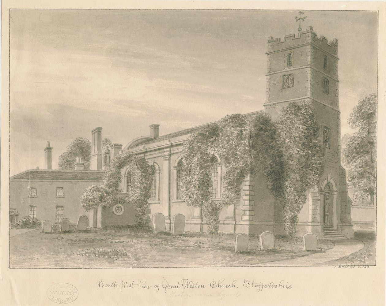 Weston-under-Lizard Church: rysunek rozmyty w sepii autorstwa John Buckler