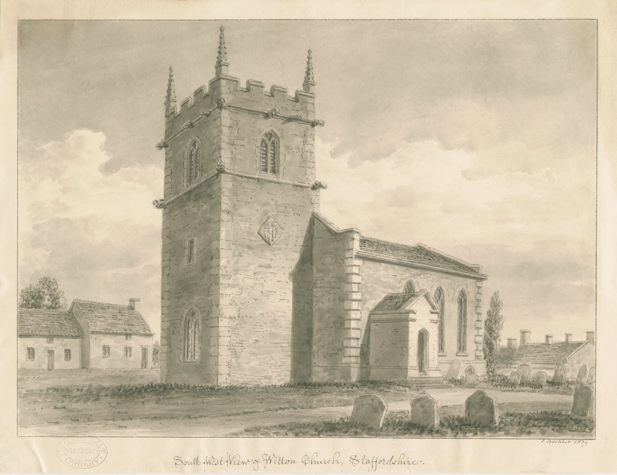 Kościół Wetton: rysunek w sepii, 1839 autorstwa John Buckler