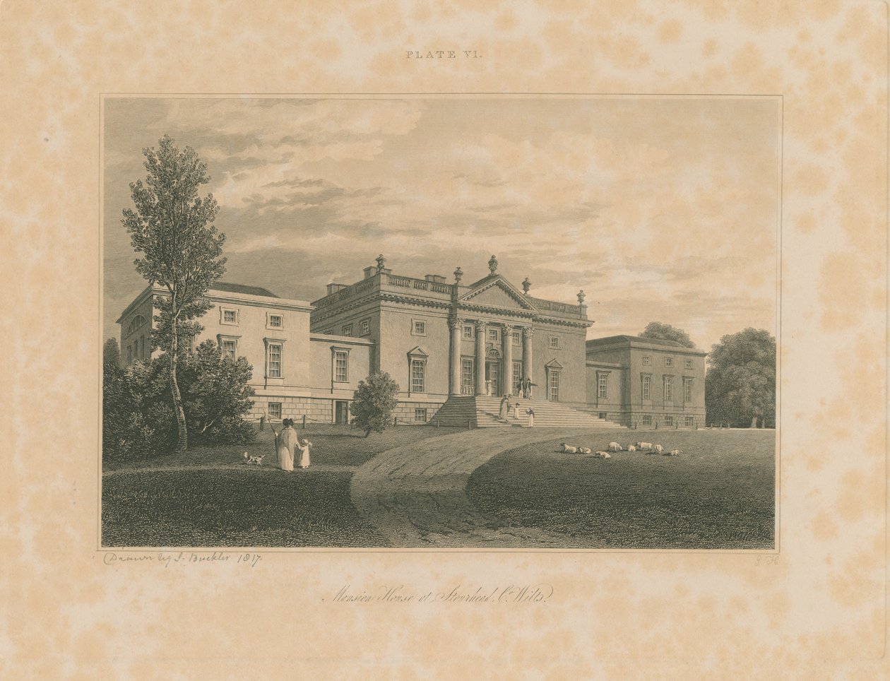 Wiltshire - Stourhead - Dwór: grawerowanie, 1817 autorstwa John Buckler
