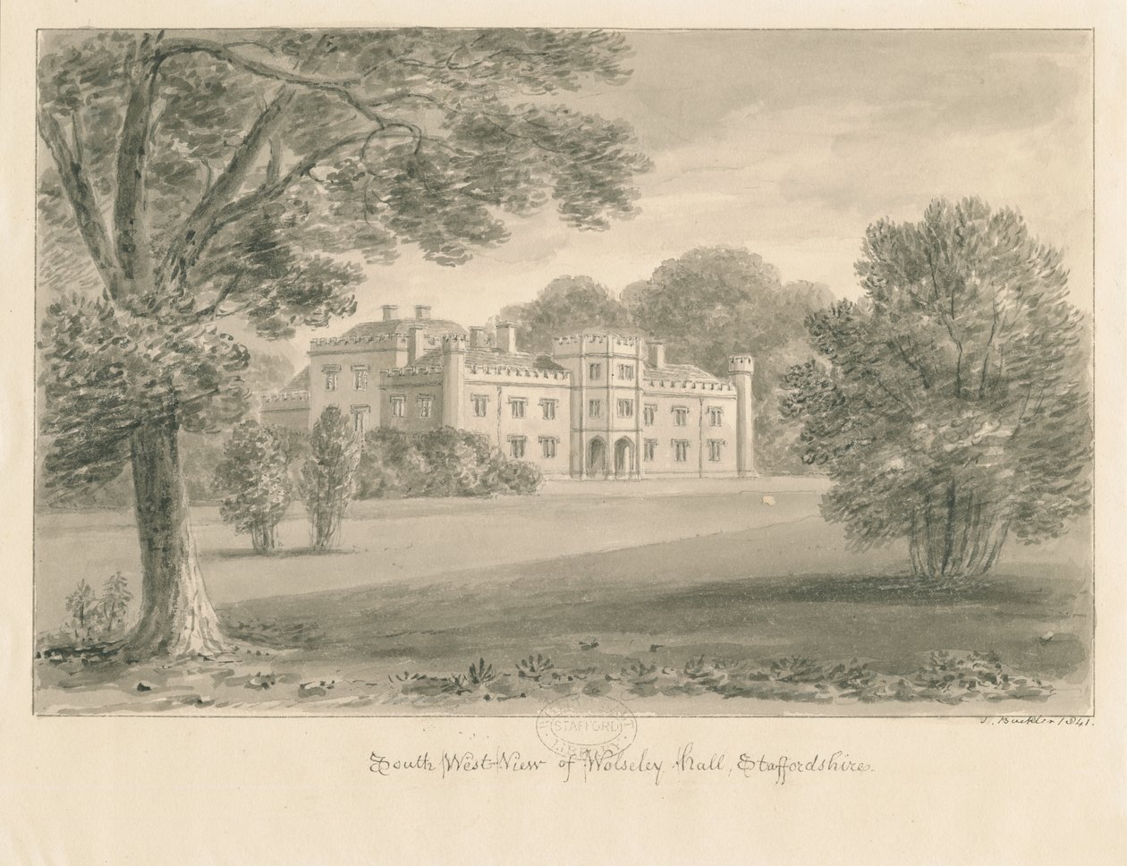 Wolseley Hall: rysunek w sepii, 1841 autorstwa John Buckler