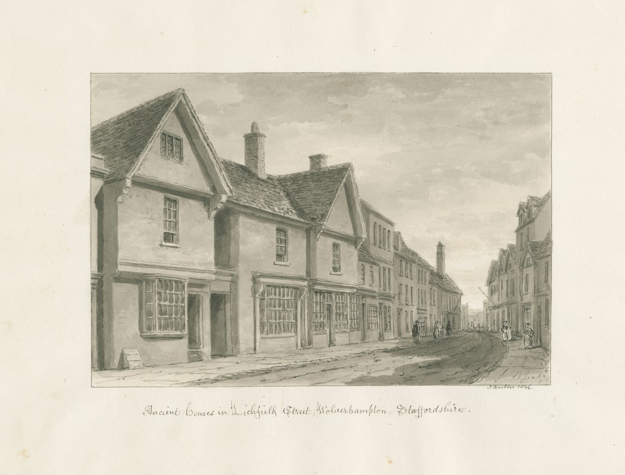 Wolverhampton - Ancient Houses in Lichfield Street: rysunek w sepii autorstwa John Buckler