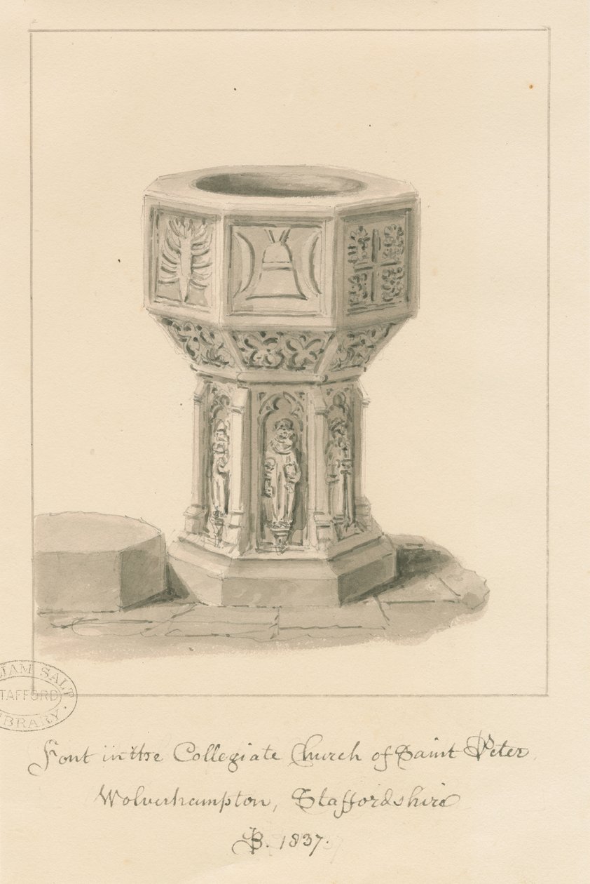 Wolverhampton - Czcionka w kościele św. Piotra: rysunek w sepii, 1837 autorstwa John Buckler