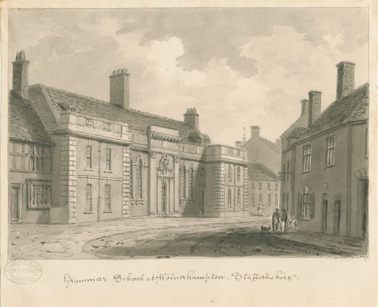 Wolverhampton - Grammar School: rysunek w sepii, 1837 autorstwa John Buckler