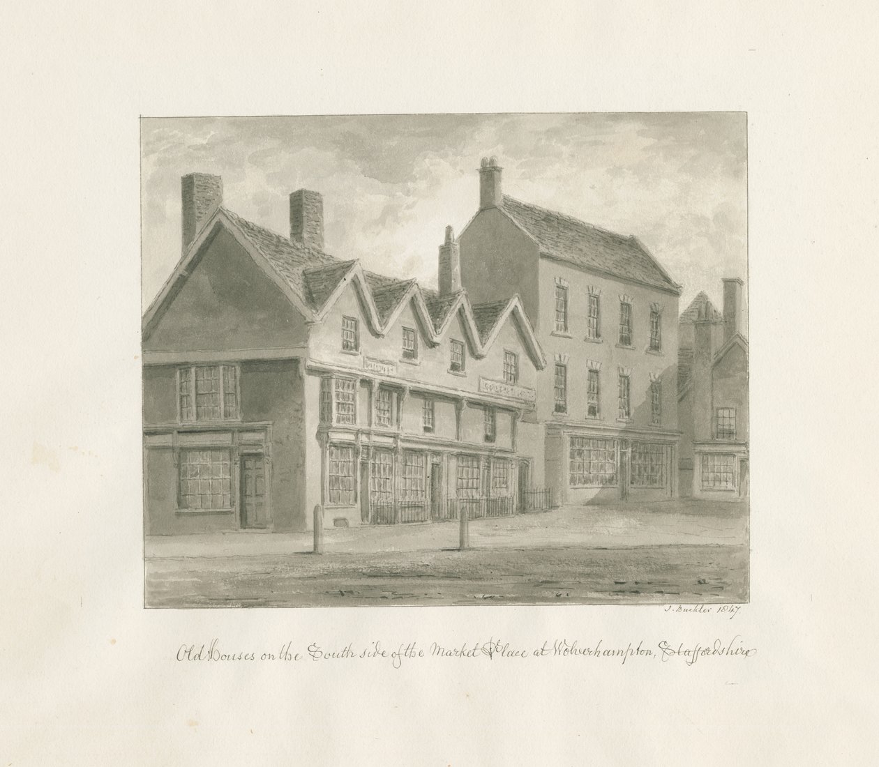 Wolverhampton - Stare domy po południowej stronie Rynku: rysunek w sepii, 1847 autorstwa John Buckler