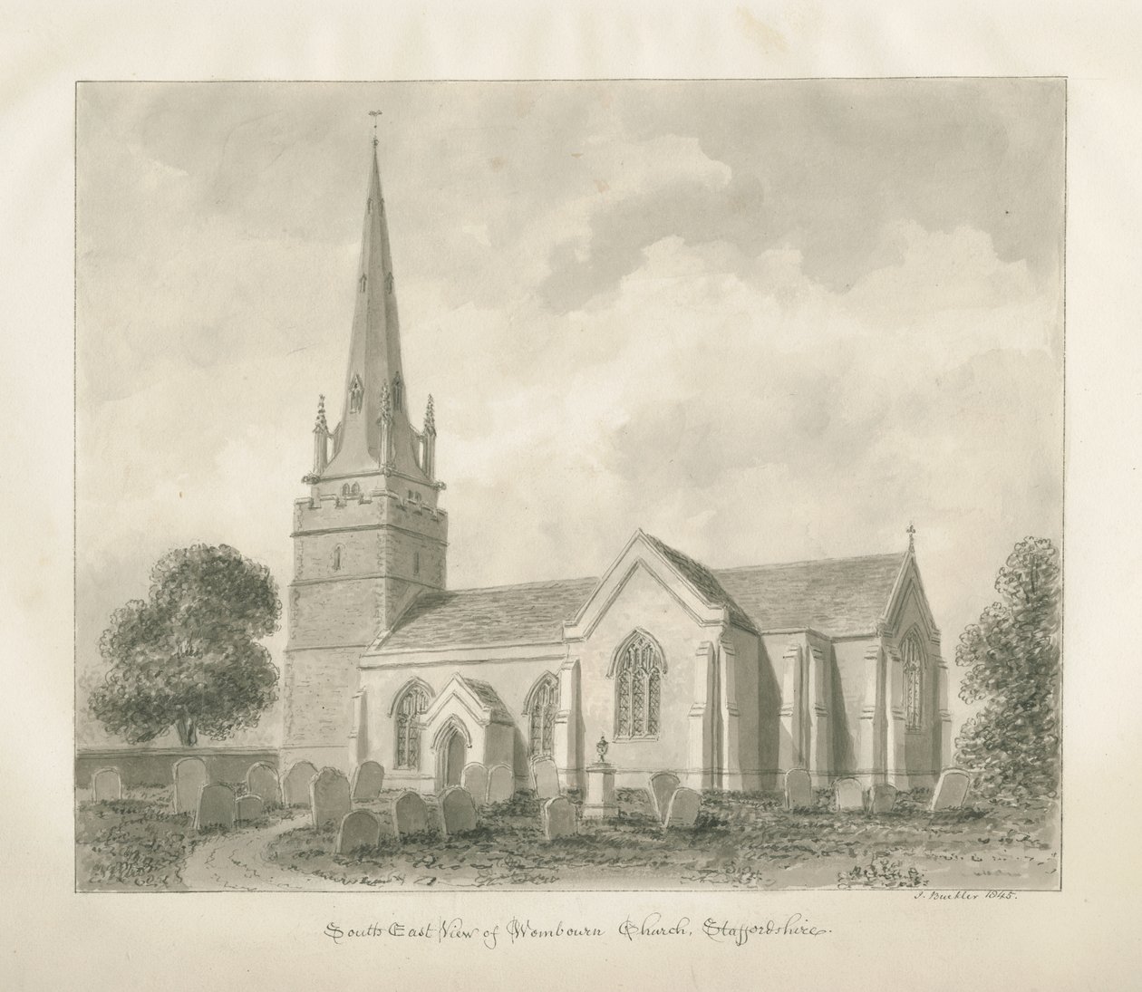 Kościół Wombourne: rysunek w sepii, 1845 autorstwa John Buckler