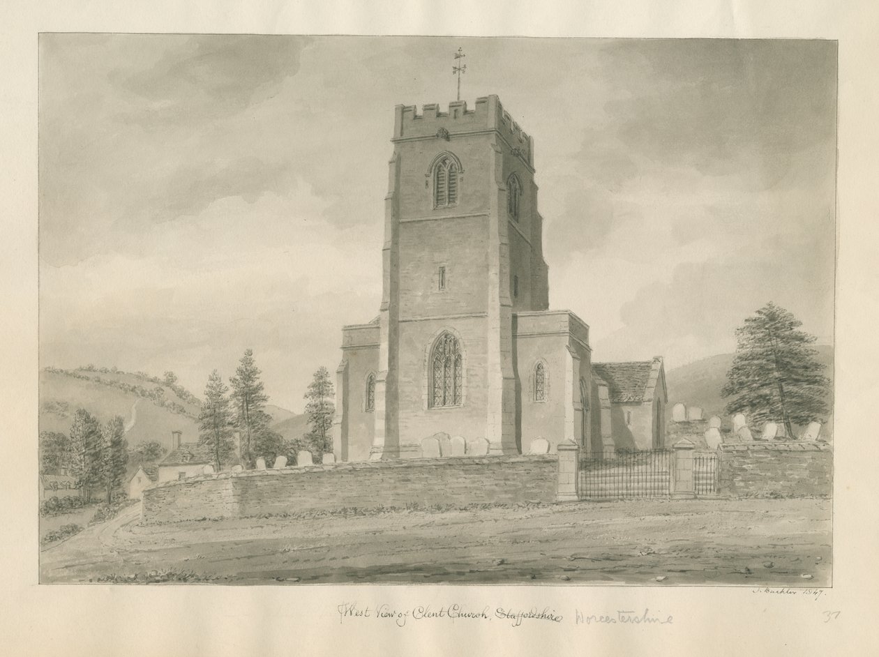 Worcestershire - Clent Church: rysunek w sepii autorstwa John Buckler