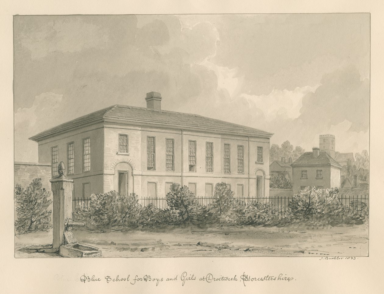 Worcestershire - Droitwich - Blue School: rysunek w sepii autorstwa John Buckler
