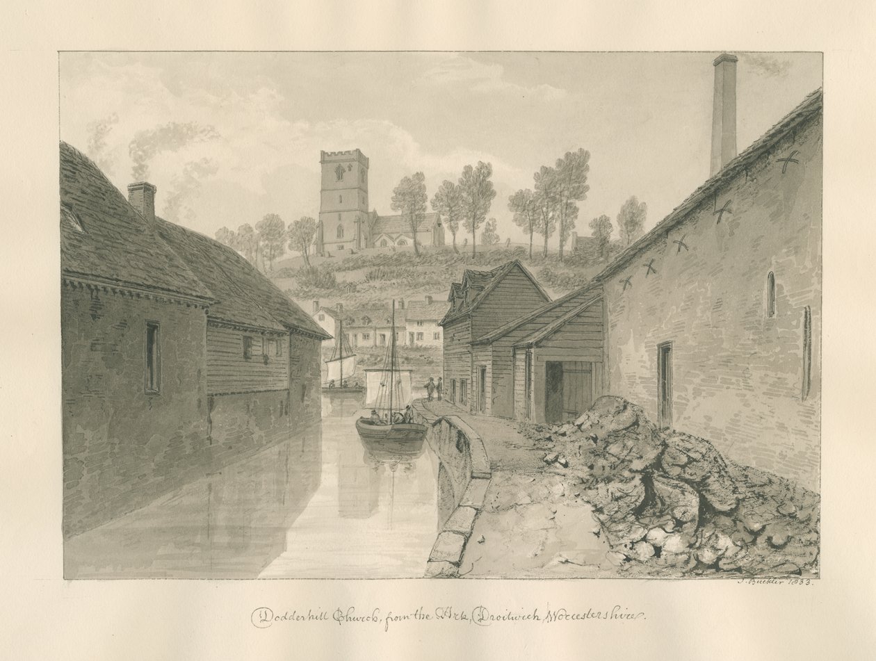 Worcestershire - Droitwich - Dodderhill Church Distant Widok: rysunek w sepii, 1833 autorstwa John Buckler