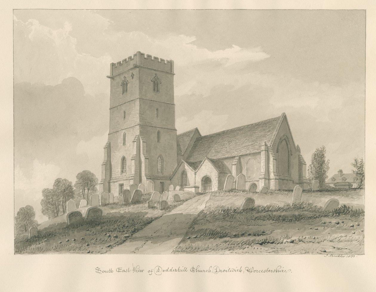 Worcestershire – Droitwich – Kościół Dodderhill: rysunek w sepii autorstwa John Buckler
