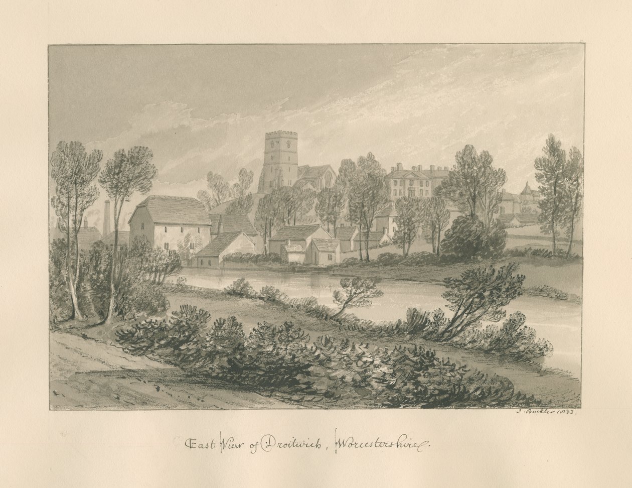 Worcestershire - Droitwich - Wschodni widok miasta: rysunek w sepii, 1833 autorstwa John Buckler