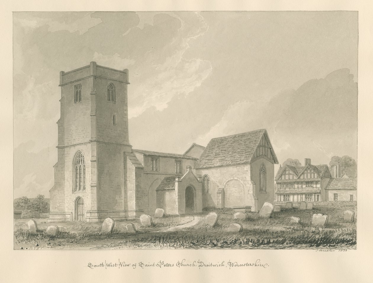 Worcestershire - Droitwich - Kościół św. Piotra: rysunek w sepii, 1833 autorstwa John Buckler
