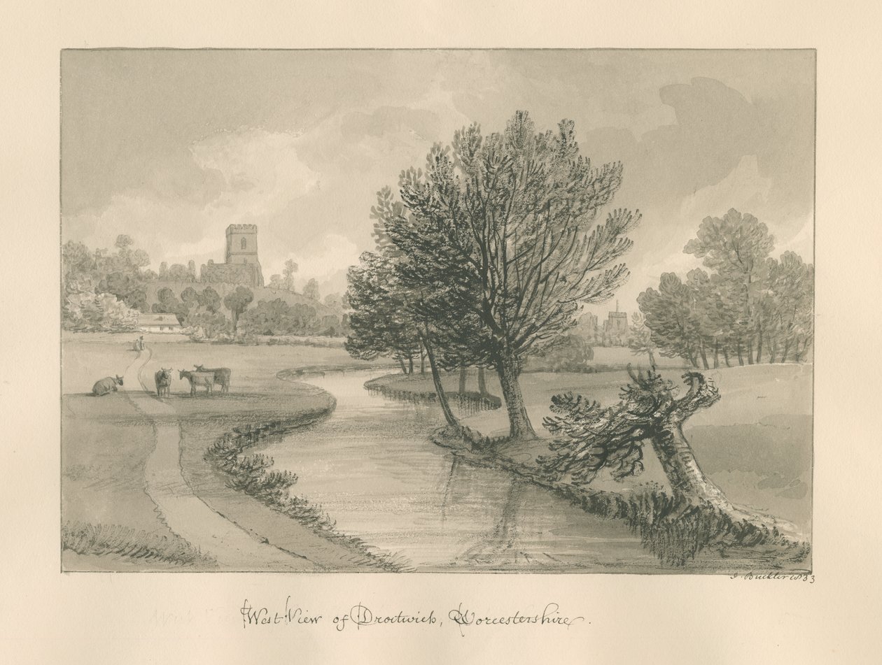 Worcestershire - Droitwich - Zachód Widok miasta: rysunek w sepii, 1833 autorstwa John Buckler