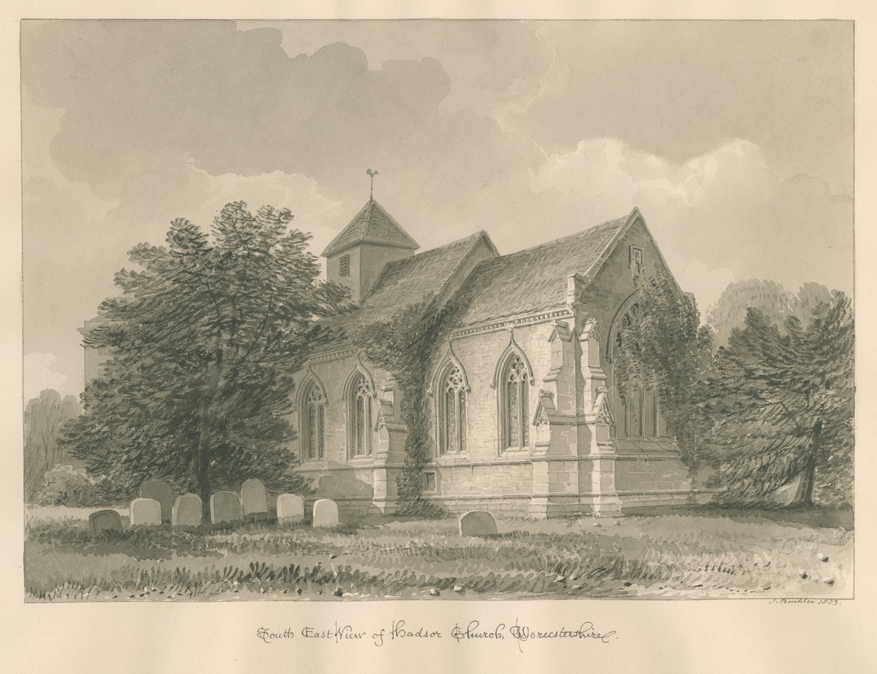 Worcestershire – Kościół Hadsor: rysunek w sepii, 1833 autorstwa John Buckler