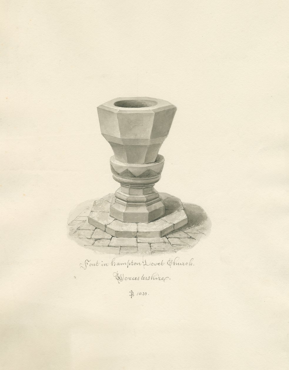 Worcestershire - Hampton Lovett Church - Czcionka: rysunek w sepii autorstwa John Buckler