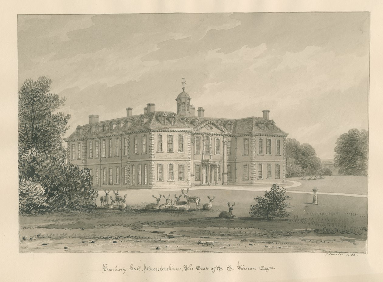 Worcestershire - Hanbury Hall: rysunek w sepii, 1833 autorstwa John Buckler