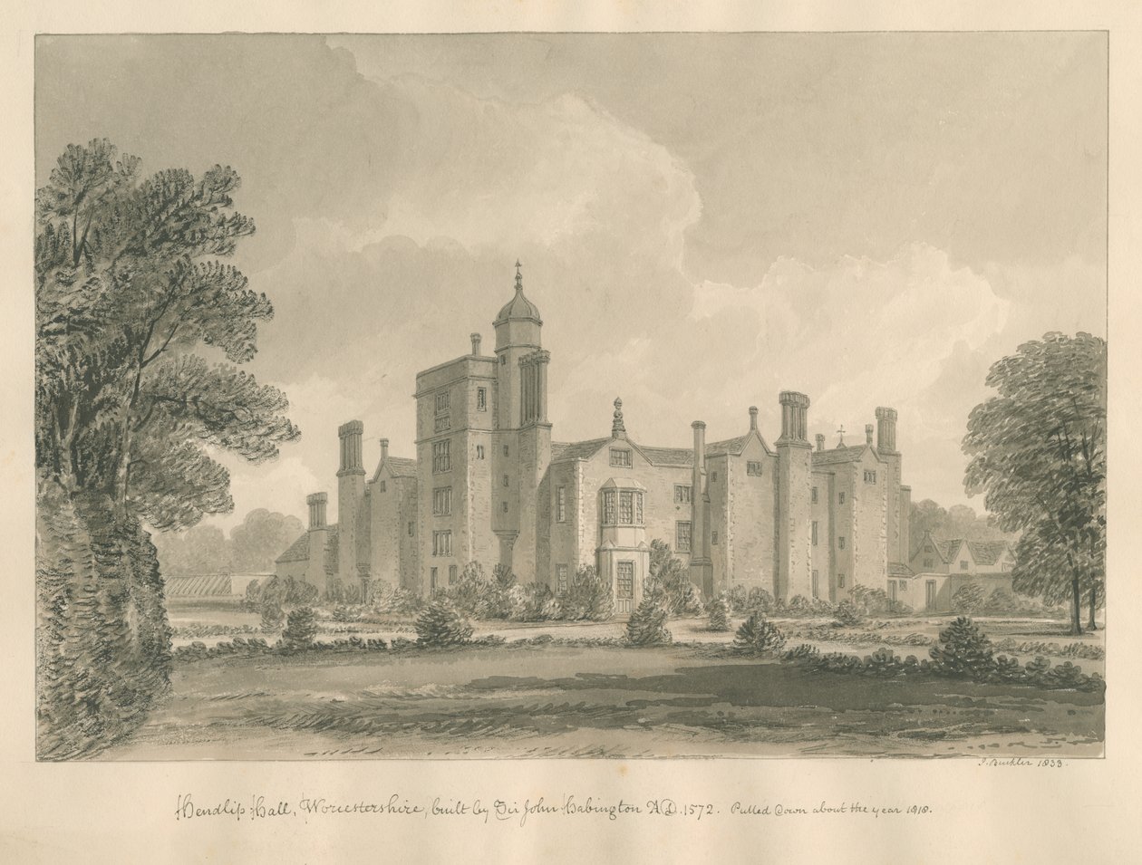 Worcestershire - Hindlip Hall: rysunek w sepii, 1833 autorstwa John Buckler