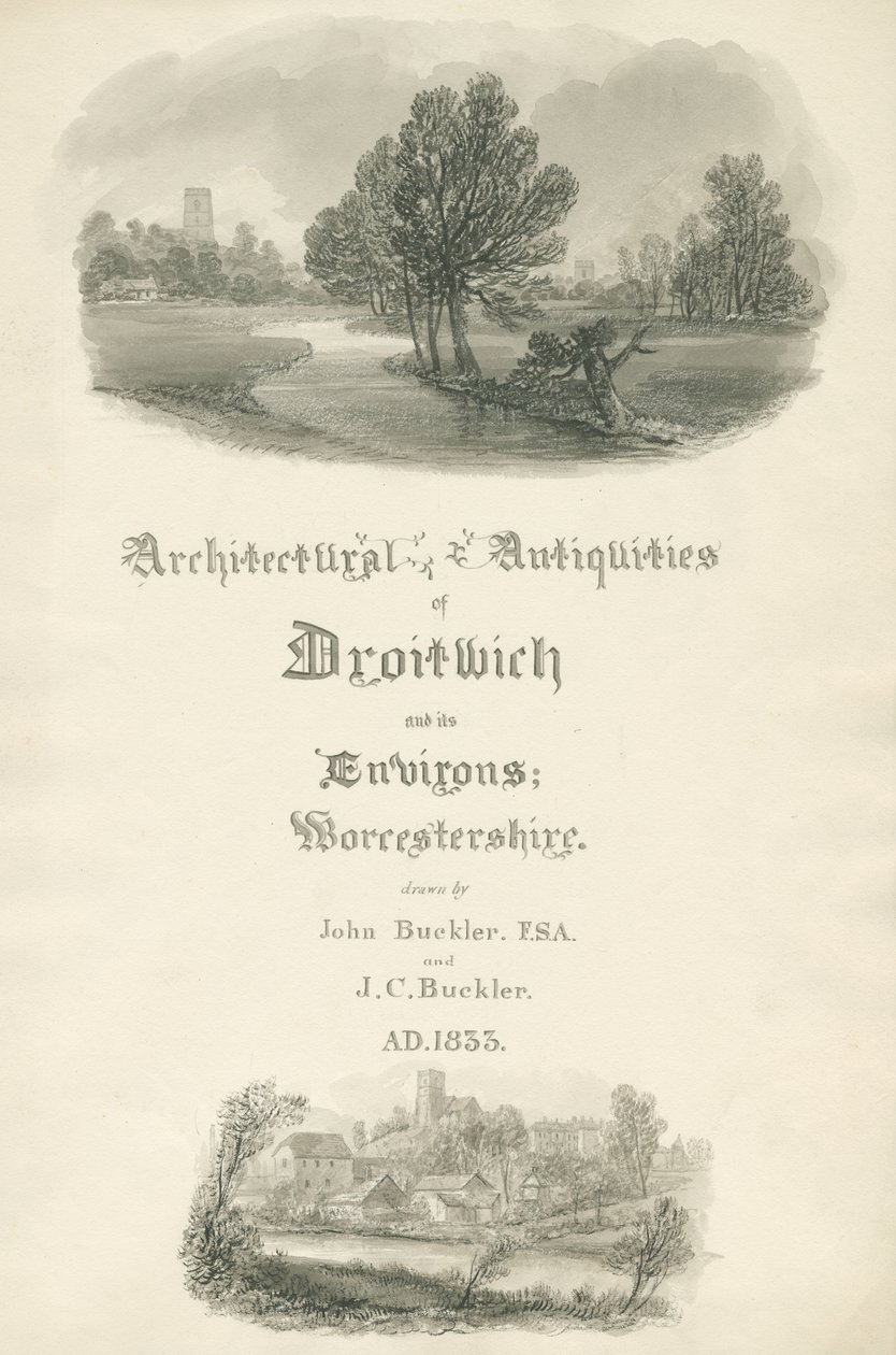Worcestershire - Strona tytułowa do portfolio prac Johna i J. C. Bucklerów: rysunek w sepii autorstwa John Buckler
