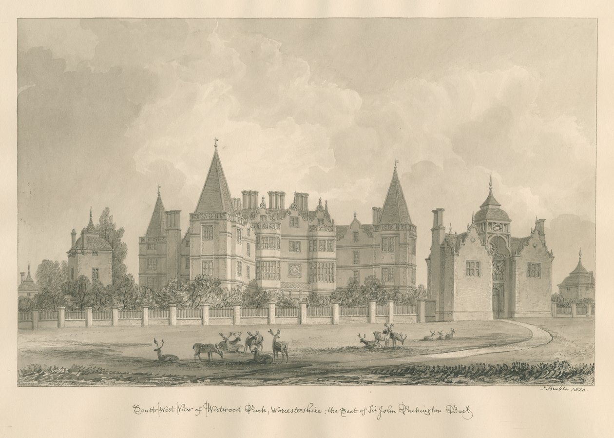 Worcestershire - Westwood Park: rysunek w sepii, 1820 autorstwa John Buckler