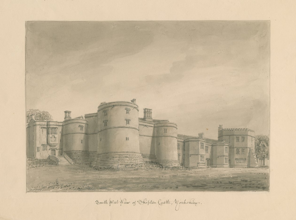 Yorkshire - Zamek Skipton: rysunek w sepii, 1818 r. autorstwa John Buckler