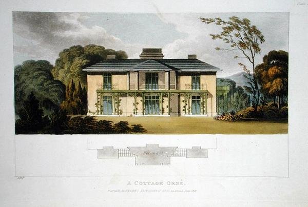 Chata Orne, z „Repozytorium Sztuki” Ackermanna, wydana w 1818 r. (litografia kolorowa) autorstwa John Buonarotti Papworth