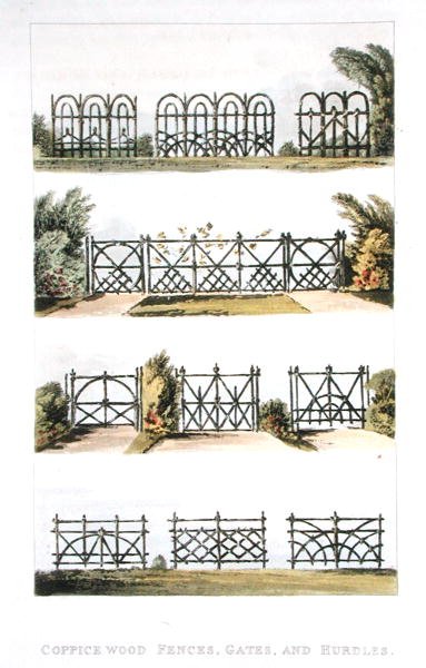 Drewniane płoty, bramy i płotki zagajnikowe, z „Repozytorium Sztuki” Ackermanna, opublikowane 1823 (kolor lito) autorstwa John Buonarotti Papworth