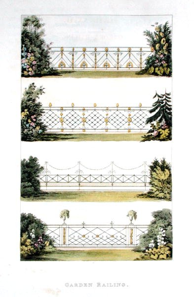 Balustrada ogrodowa z „Repozytorium Sztuki” Ackermanna, opublikowana w 1823 r. (kolor lito) autorstwa John Buonarotti Papworth