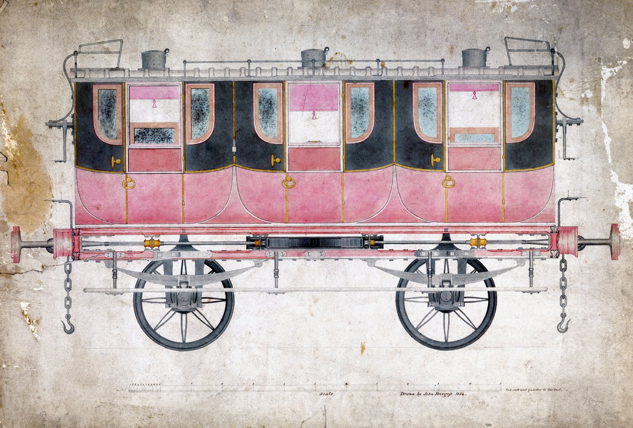 Wagon pierwszej klasy Manchester & Leeds Railway, ok. 1844 r autorstwa John Burgess